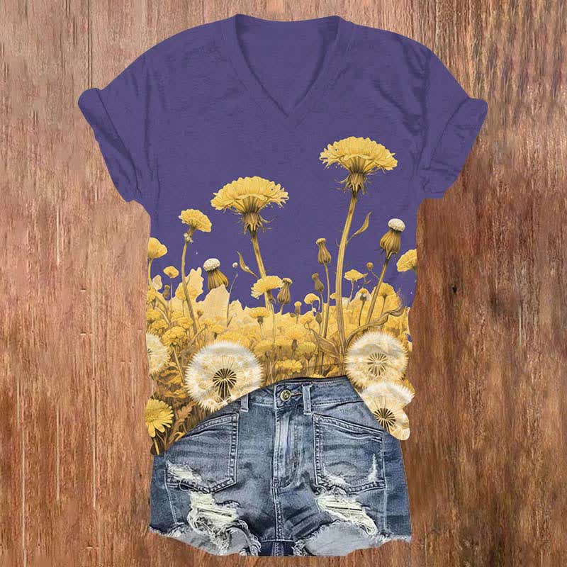 Japanese Vintage Sunflower & Dandelion Art Print V-neck T-shirt - Purple - US32-34(5XL) - image 1