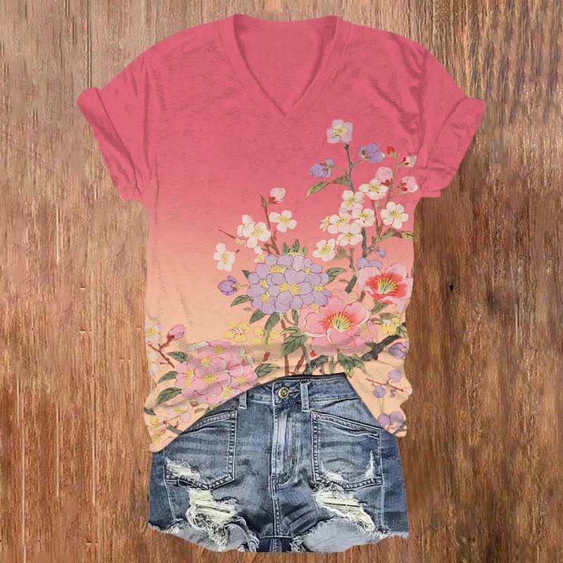 Japanese Flowers Competing For Beauty Art Print V-neck T-shirt - Pink - US32-34(5XL) - image 1