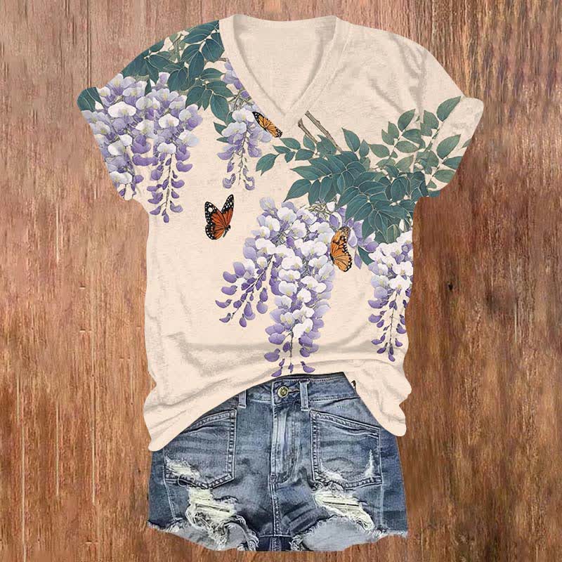 Japanese Watercolor  Lavender Blossom Art Print V-neck T-shirt - Apricot - US32-34(5XL) - image 2