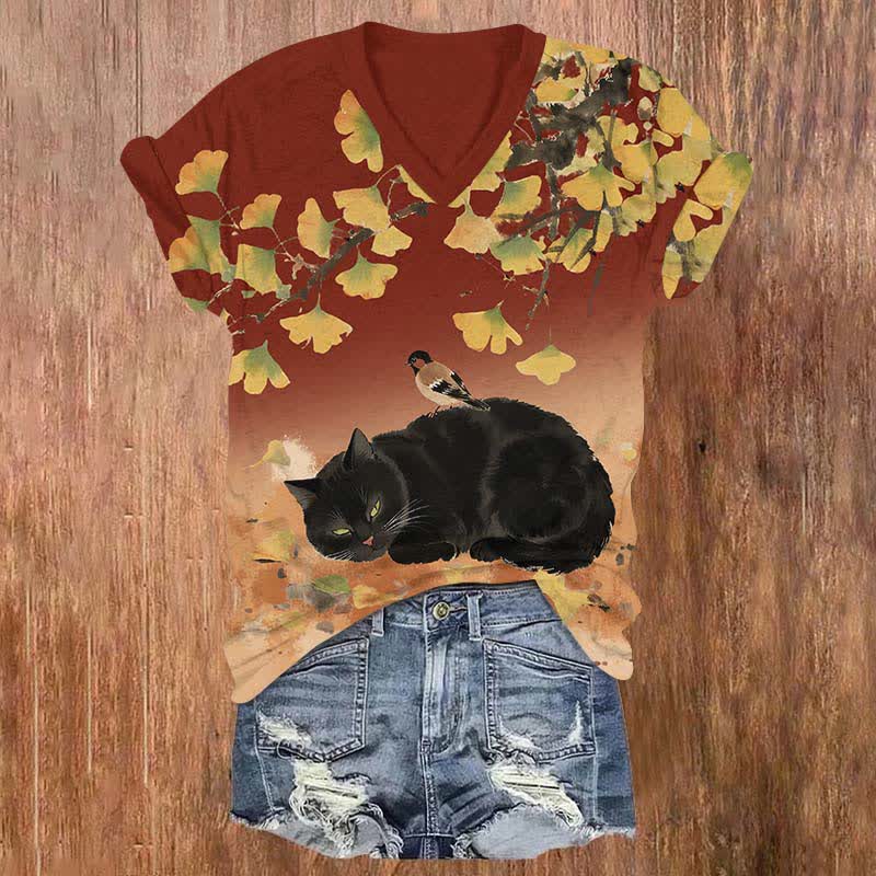 Japanese Oil Painting Black Cat Sleeping Under Ginkgo Tree Art Print V-neck T-shirt - Red - US32-34(5XL) - image 2