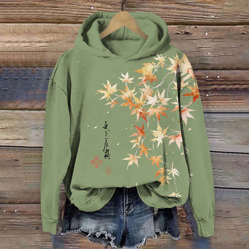 Japanese Watercolor Maple Leaf In Fall Art Print Long Sleeve Hoodie - Green - US44-46(8XL) - image 1