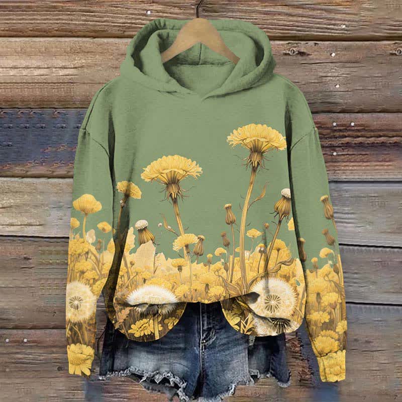 Japanese Vintage Sunflower & Dandelion Art Print Long Sleeve Hoodie - Green - US44-46(8XL) - image 2