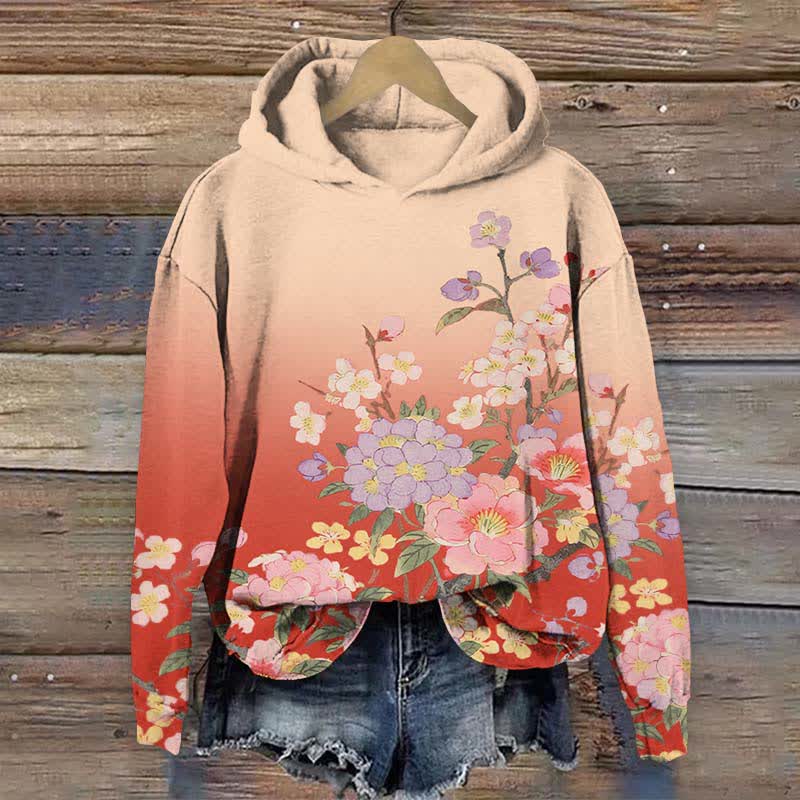 Japanese Flowers Competing For Beauty Art Print Long Sleeve Hoodie - Red - US44-46(8XL) - image 1