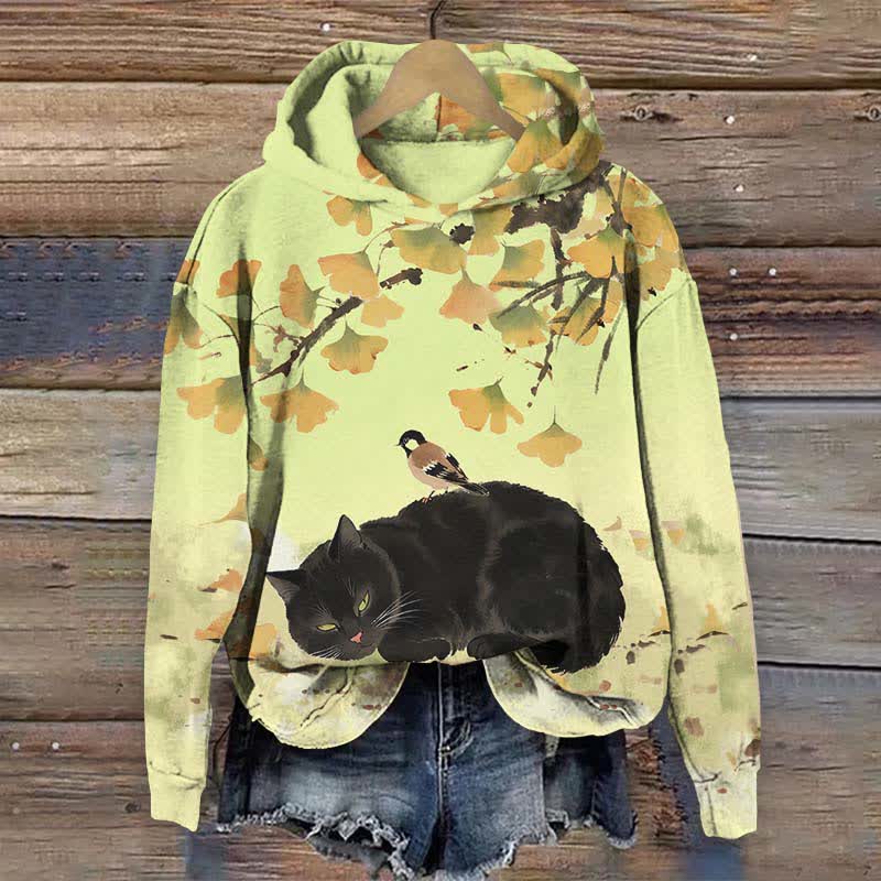 Japanese Oil Painting Black Cat Sleeping Under Ginkgo Tree Art Print Long Sleeve Hoodie - Green - US44-46(8XL) - image 1