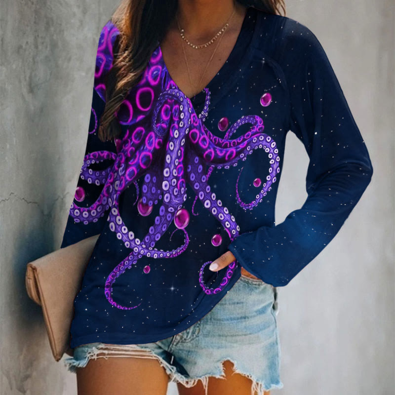 Ocean Octopus Art Print Long Sleeve T-shirt - Blue - 5XL - image 1