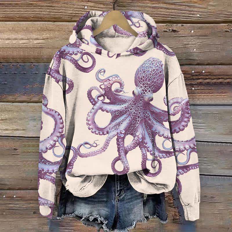 Japanese Vintage Vivid Octopus Art Print Long Sleeve Hoodie - Apricot - US44-46(8XL) - image 1