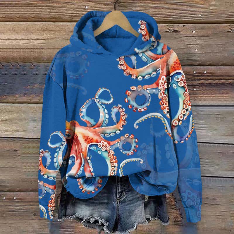 Japanese Colorful Octopus Art Print Long Sleeve Hoodie - Blue - US44-46(8XL) - image 1