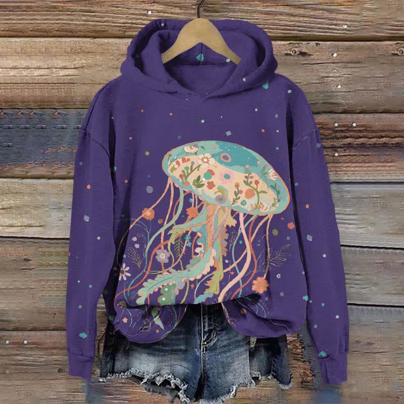 Japanese Creative Floral Jellyfish Art Print Long Sleeve Hoodie - Purple - US44-46(8XL) - image 1