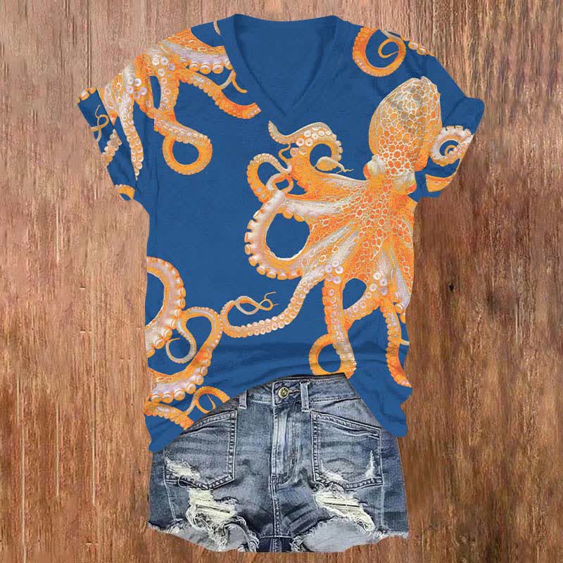 Japanese Vintage Vivid Octopus Art Print V-neck T-shirt - Blue - US32-34(5XL) - image 1