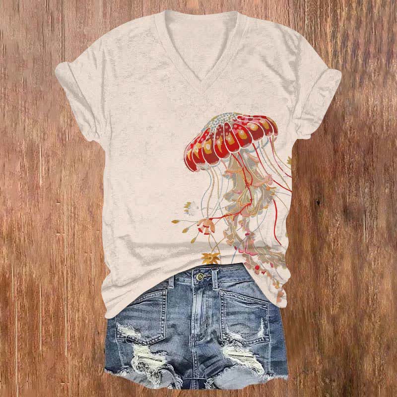 Japanese Creative Fantasy Jellyfish Art Print V-neck T-shirt - Apricot - US32-34(5XL) - image 1