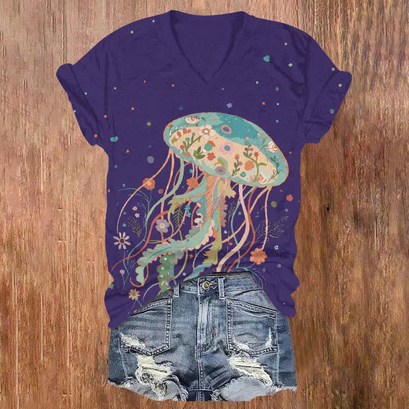 Japanese Creative Floral Jellyfish Art Print V-neck T-shirt - Purple - US32-34(5XL) - image 2