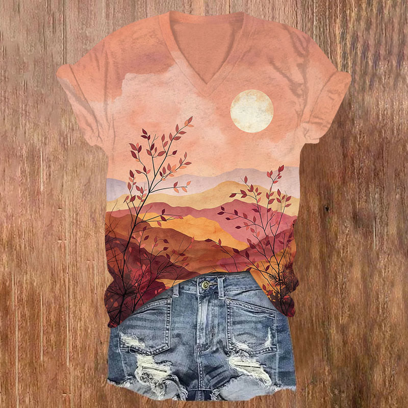 Fall Leaves Print V-neck T-shirt - Dark Pink - US32-34(5XL) - image 1