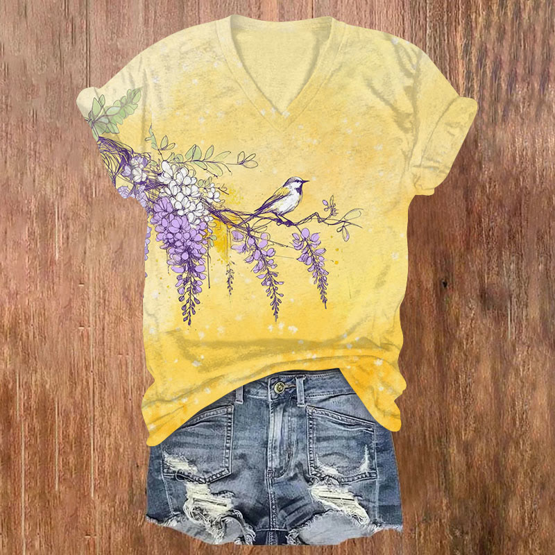 Birds & Floral Print V-neck T-shirt - Yellow - US32-34(5XL) - image 1