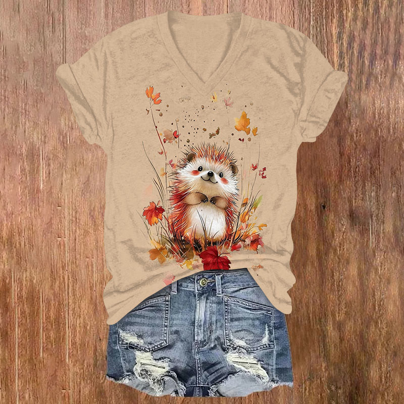 Hedgehog & Leaf Print V-neck T-shirt - Apricot - US32-34(5XL) - image 1