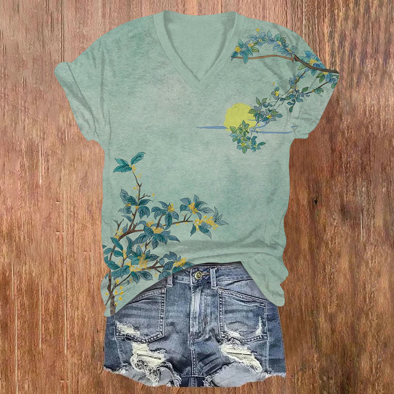 Watercolor Floral Print V-neck T-shirt - Green - US32-34(5XL) - image 1