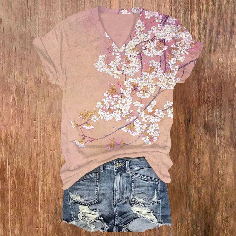 Watercolor Floral Print V-neck T-shirt - Pink - US32-34(5XL) - image 1