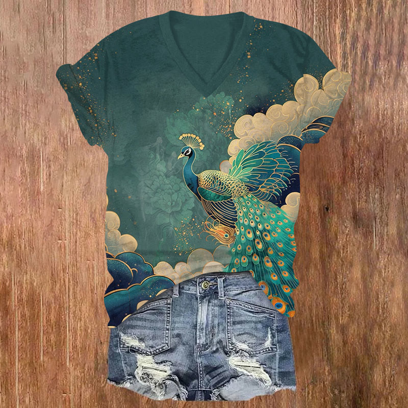 Peacock Print V-neck T-shirt - Dark Green - US32-34(5XL) - image 1