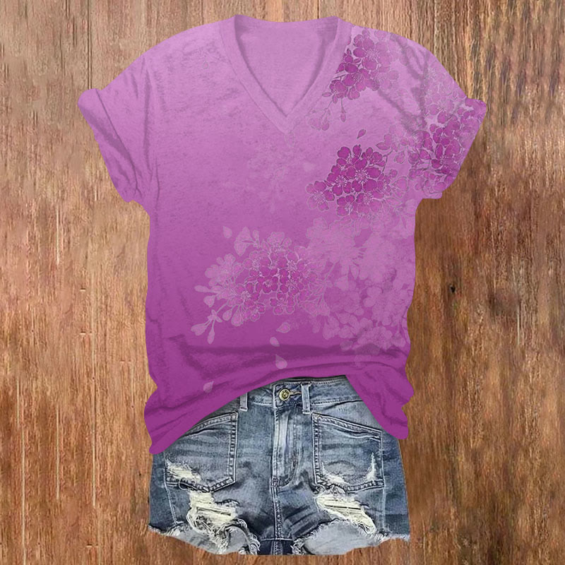 Watercolor Floral Print V-neck T-shirt - Purple - US32-34(5XL) - image 1