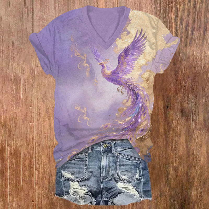 Peacock Print V-neck T-shirt - Light Purple - US32-34(5XL) - image 1