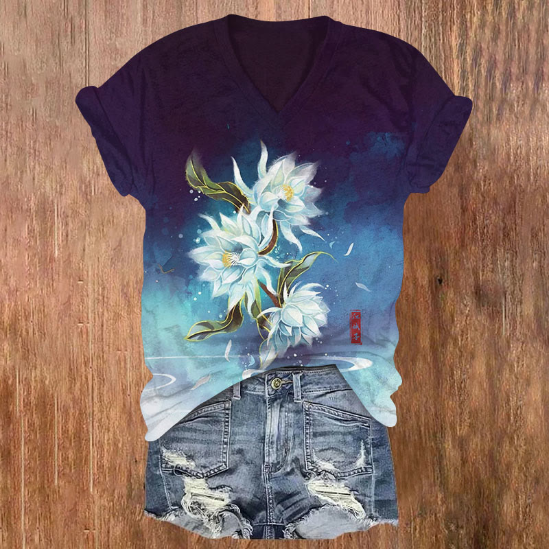 Floral Print V-neck T-shirt - Dark Blue - US32-34(5XL) - image 1