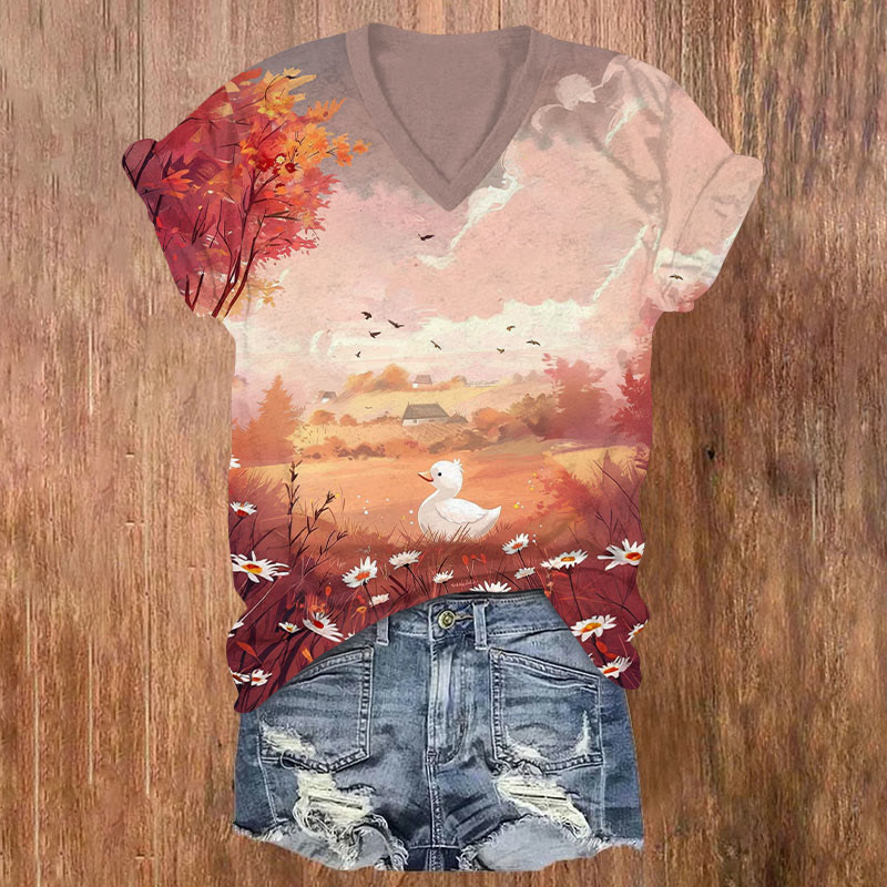 Fall Leaves Print V-neck T-shirt - Multicolor - US32-34(5XL) - image 1