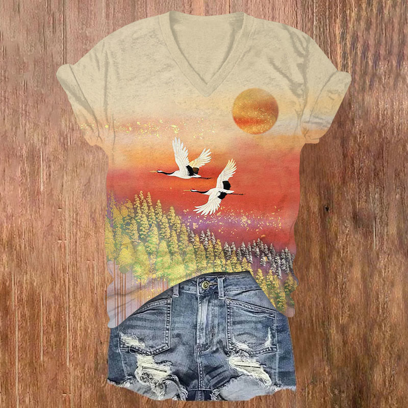 Crane Print V-neck T-shirt - Apricot - US32-34(5XL) - image 1