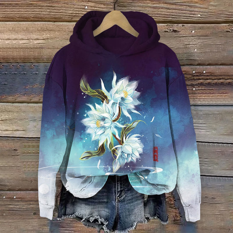  Floral  Print Long Sleeve Hoodie - Dark Blue - US44-46(8XL) - image 1