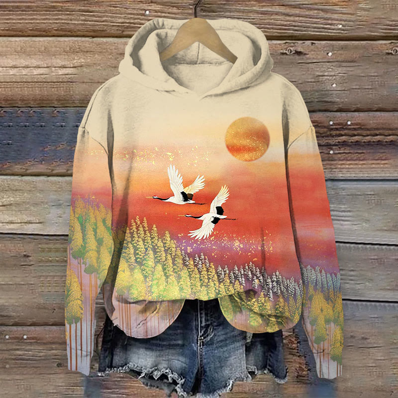 Crane Print Long Sleeve Hoodie - Apricot - US44-46(8XL) - image 1