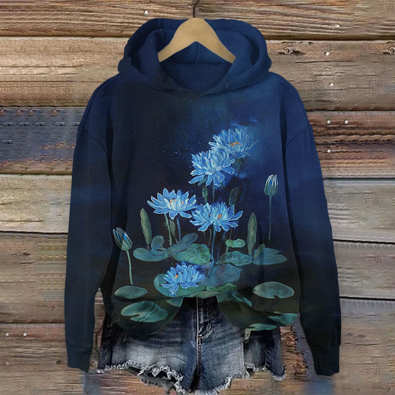 Watercolor Floral Print Long Sleeve Hoodie - Dark Blue - US44-46(8XL) - image 1