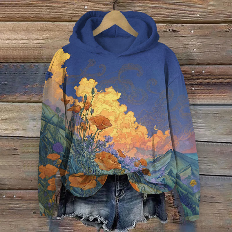 Watercolor Floral Print Long Sleeve Hoodie - Blue - US44-46(8XL) - image 1