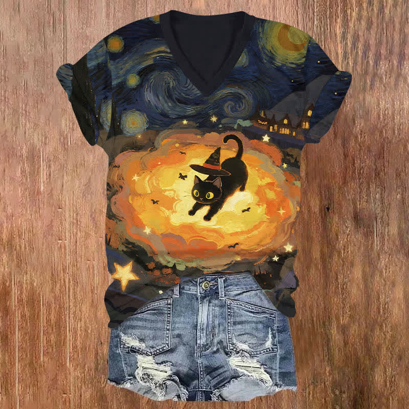 Halloween Oil Painting Wizard Cat Art Print V-neck T-shirt - Black - US32-34(5XL) - image 1