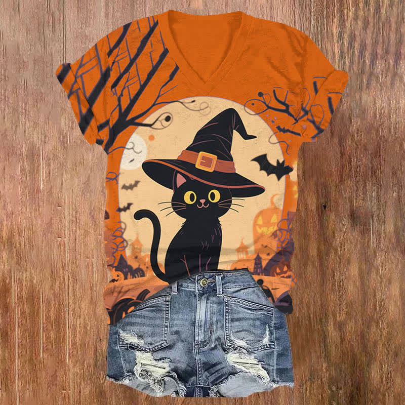 Halloween Lovely Wizard Black Cat Print V-neck T-shirt - Orange - US32-34(5XL) - image 2