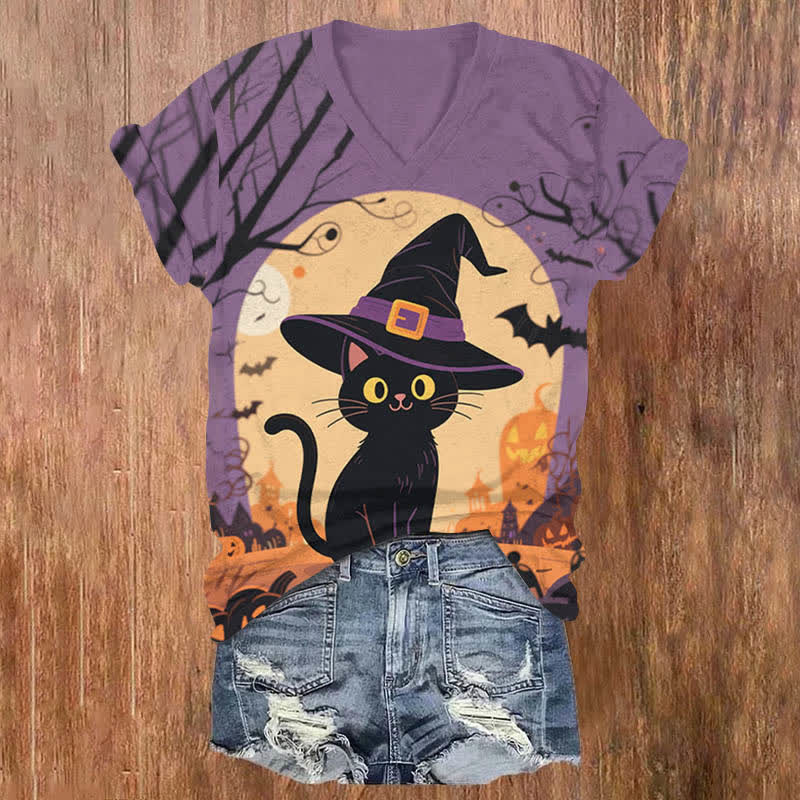 Halloween Lovely Wizard Black Cat Print V-neck T-shirt - Purple - US32-34(5XL) - image 1