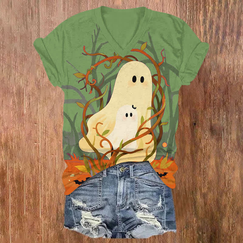 Halloween Creative Mother And Child Ghost Print V-neck T-shirt - Green - US32-34(5XL) - image 1