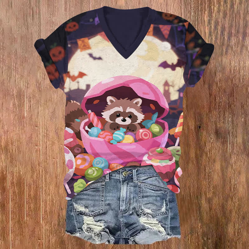 Halloween Funny Raccoon & Candy In The Box Print V-neck T-shirt - Multicolor - US32-34(5XL) - image 1