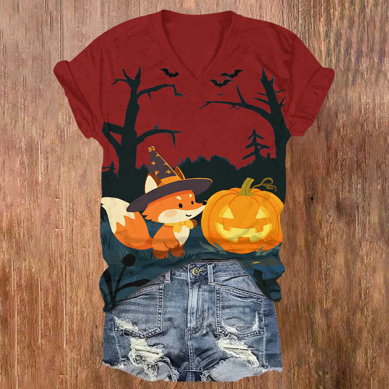 Halloween Night Cute Wizard Fox & Pumpkin Art Print V-neck T-shirt - Red - US32-34(5XL) - image 1