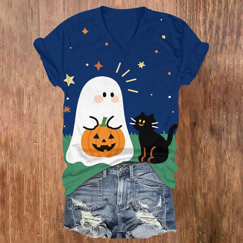 Halloween Cartoon Ghost & Black Cat Print V-neck T-shirt - Blue - US32-34(5XL) - image 1