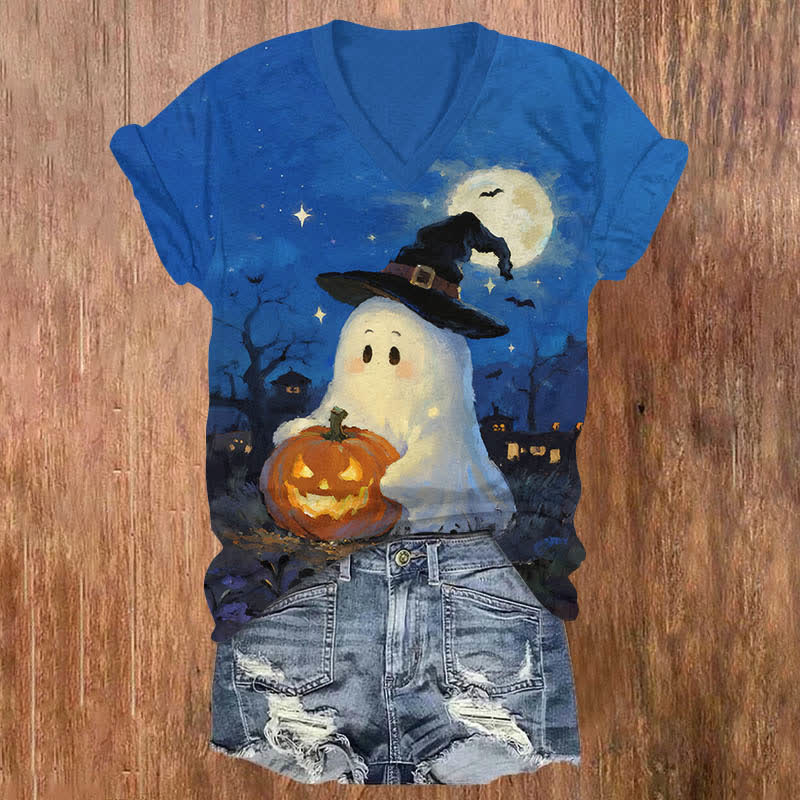 Halloween Oil Painting Wizard Ghost Holding Pumpkin Print V-neck T-shirt - Blue - US32-34(5XL) - image 1