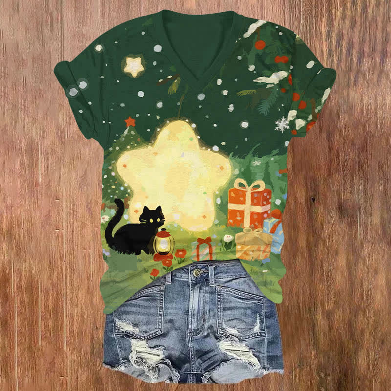 Oil Painting Black Cat Starry Christmas Gift Art Print V-neck T-shirt - Green - US32-34(5XL) - image 1