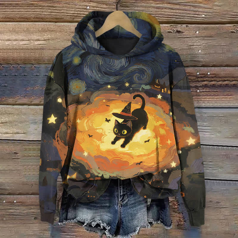 Halloween Oil Painting Wizard Cat Art Print Long Sleeve Hoodie - Multicolor - US44-46(8XL) - image 1