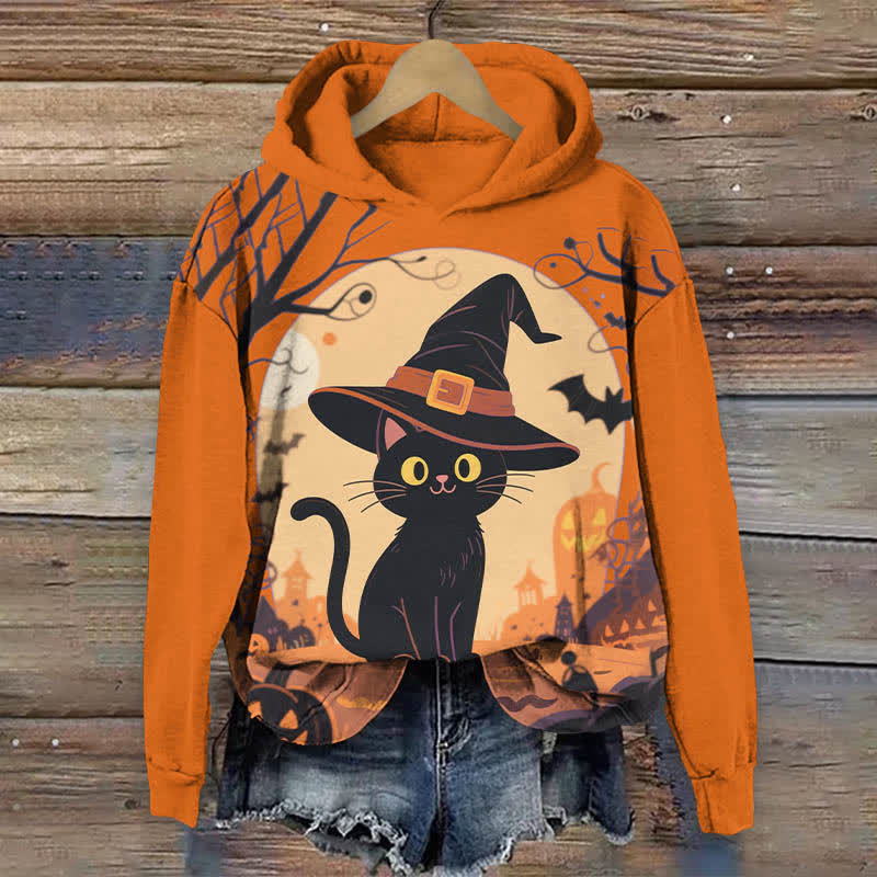 Halloween Lovely Wizard Black Cat Print Long Sleeve Hoodie - Orange - US44-46(8XL) - image 1