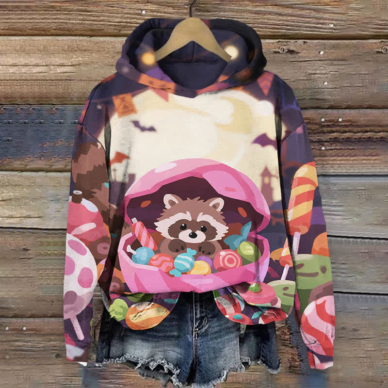 Halloween Funny Raccoon & Candy In The Box Print Long Sleeve Hoodie - Multicolor - US44-46(8XL) - image 1