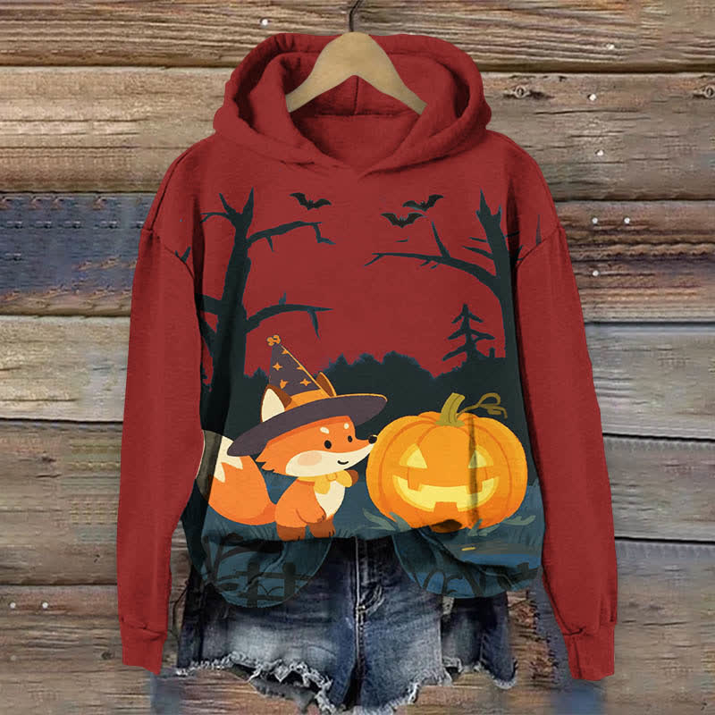Halloween Night Cute Wizard Fox & Pumpkin Art Print Long Sleeve Hoodie - Red - US44-46(8XL) - image 1