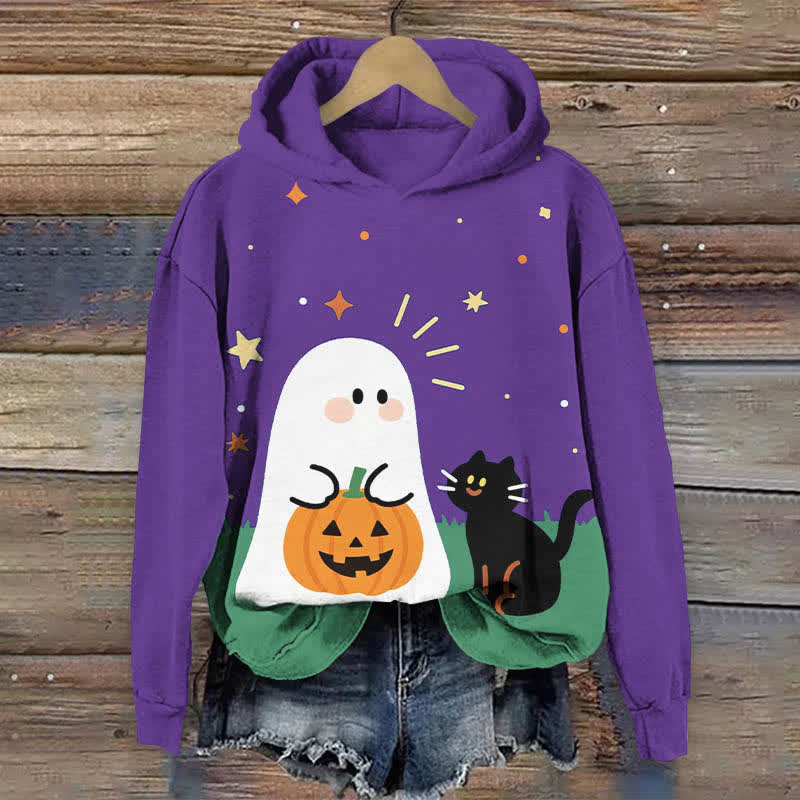 Halloween Cartoon Ghost & Black Cat Print Long Sleeve Hoodie - Purple - US44-46(8XL) - image 3