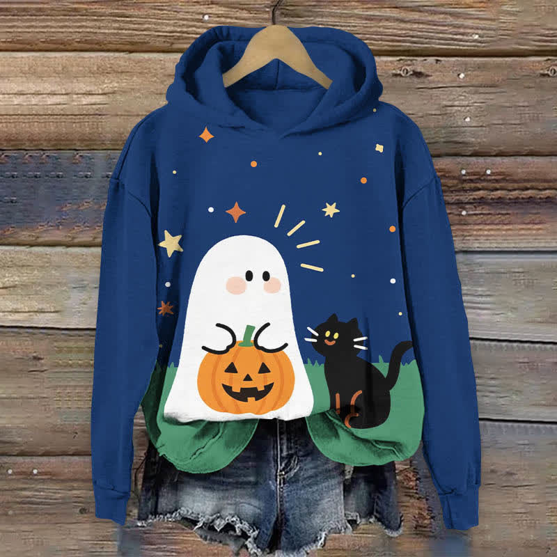 Halloween Cartoon Ghost & Black Cat Print Long Sleeve Hoodie - Blue - US44-46(8XL) - image 1