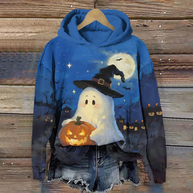 Halloween Oil Painting Wizard Ghost Holding Pumpkin Print Long Sleeve Hoodie - Blue - US44-46(8XL) - image 1