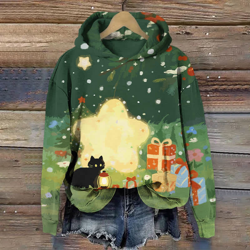 Oil Painting Black Cat Starry Christmas Gift Art Print Long Sleeve Hoodie - Green - US44-46(8XL) - image 1