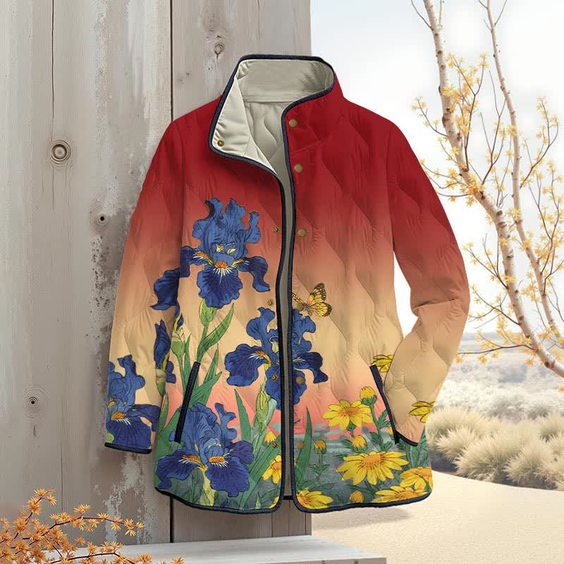Japanese Watercolor Sunflower Art Print Outerwear Jackets - Red - 4XL - image 1