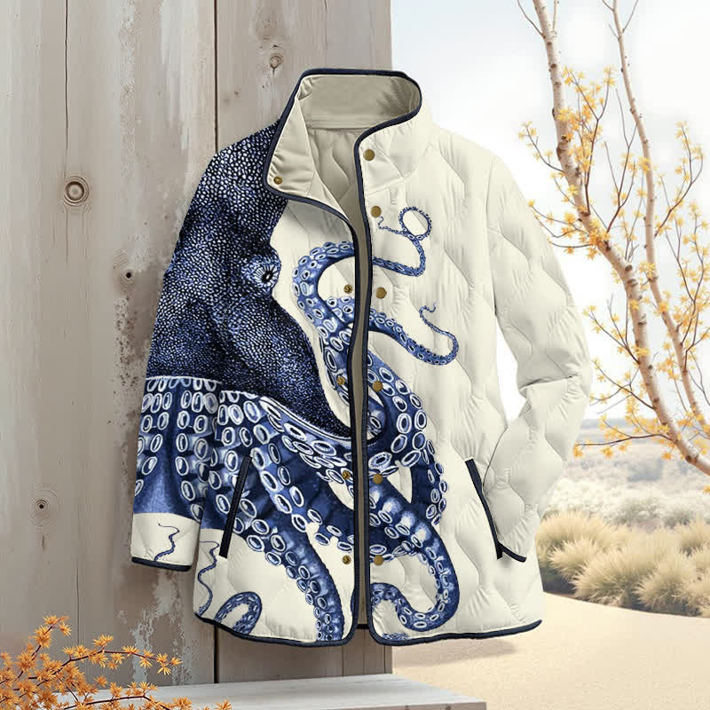 Japanese Art Octopus Graphic Print Outerwear Jackets - White - 4XL - image 1