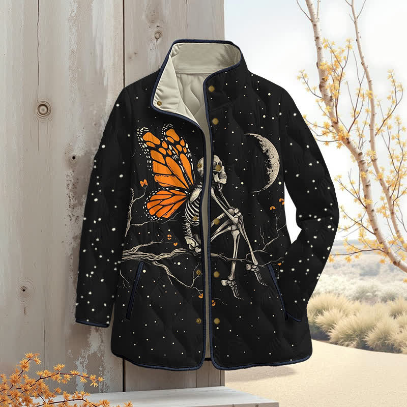 Butterfly Skull Looking At The Moon Halloween Print Outerwear Jackets - Black - 4XL - image 1